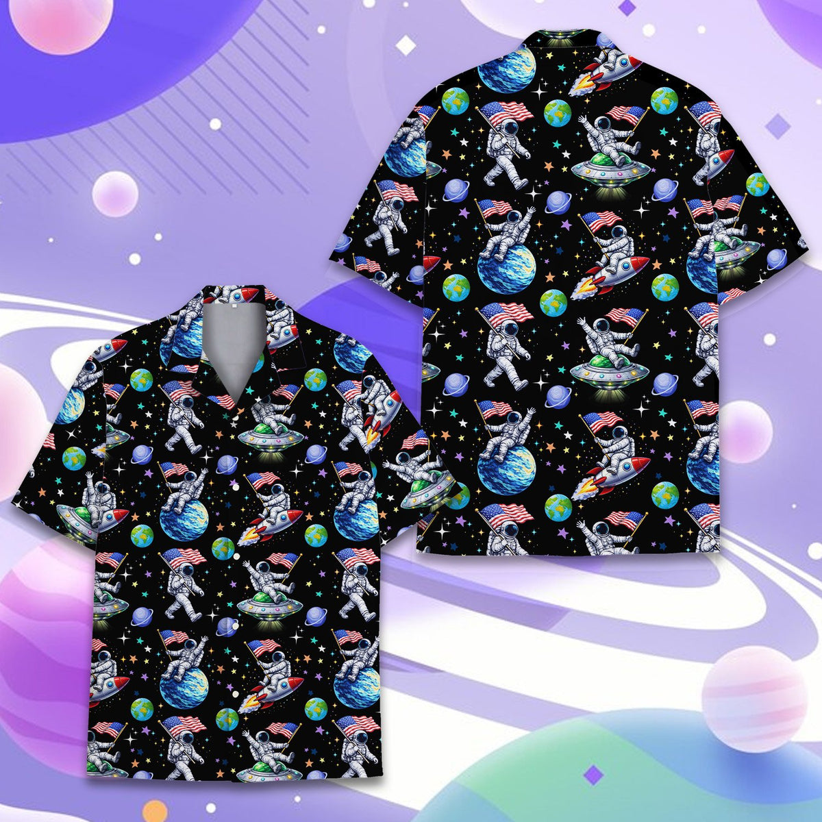 Detailed view of the space hawaiian shirt fabric and button