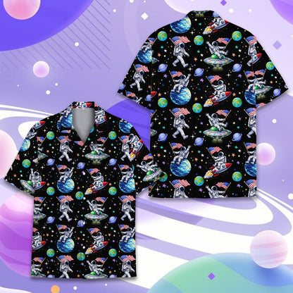 Detailed view of the space hawaiian shirt fabric and button