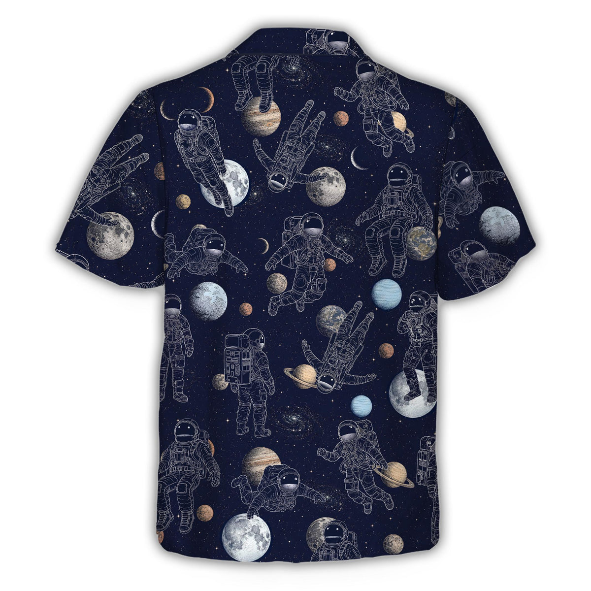 Back view of the navy blue space hawaiian shirt
