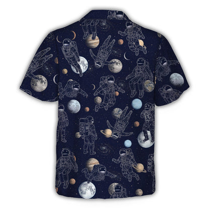 Back view of the navy blue space hawaiian shirt