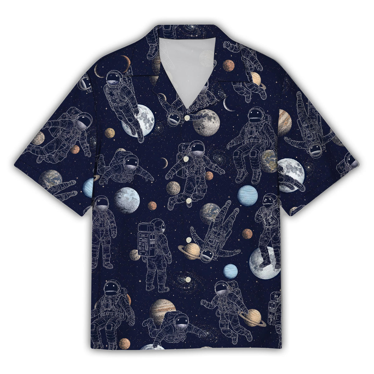 Front view of the space hawaiian shirt featuring astronaut print on navy blue