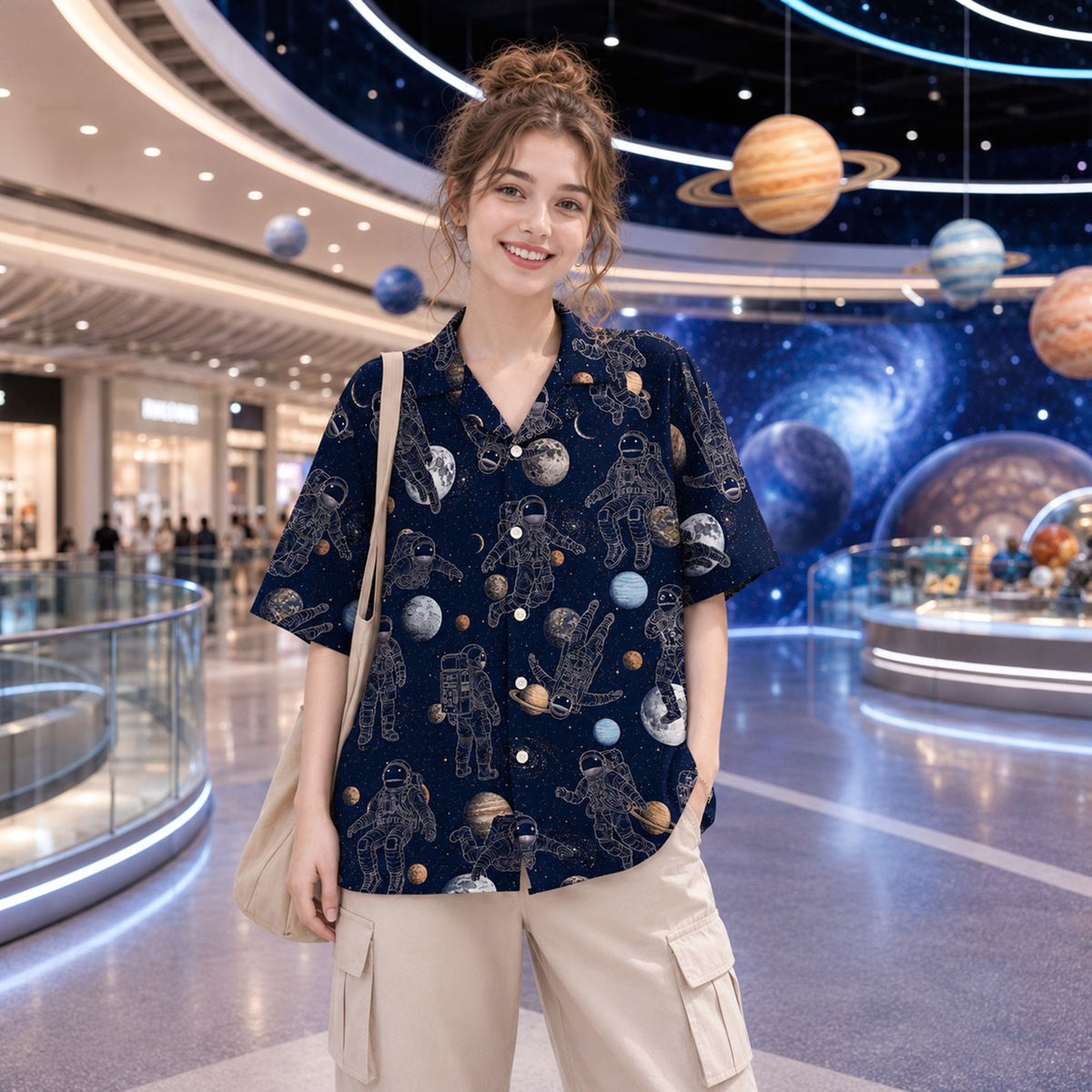 Lifestyle view of a family matching in navy blue space hawaiian shirts