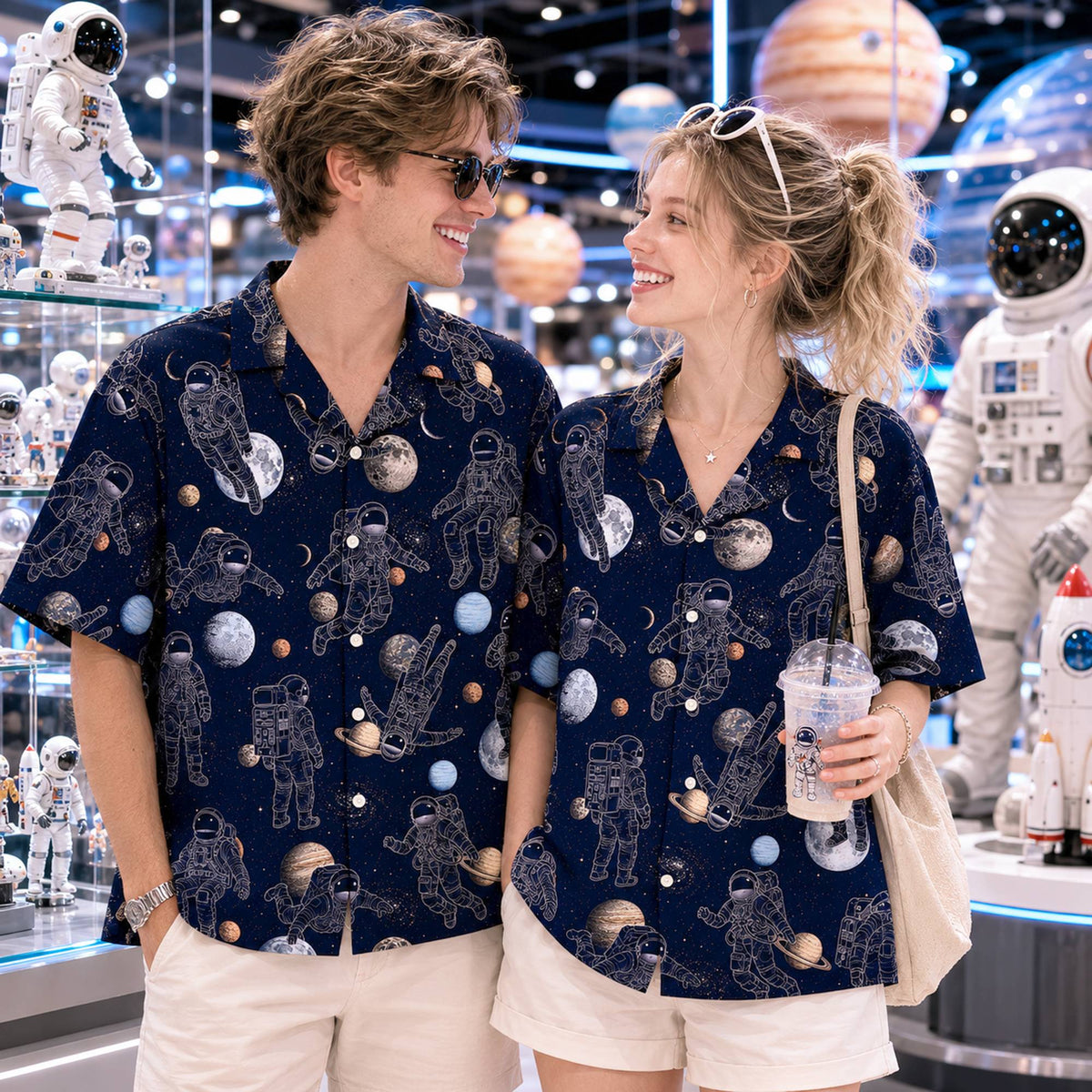 Group shot of people wearing matching family hawaiian shirts featuring space and planets