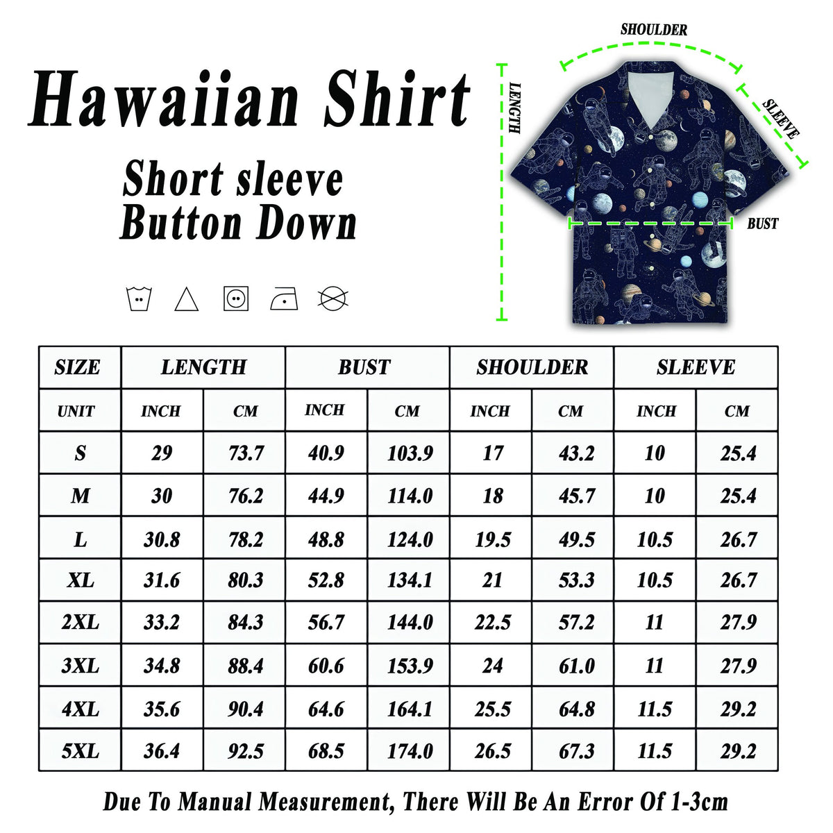 Close up view of the collar and buttons on the astronaut hawaiian shirt