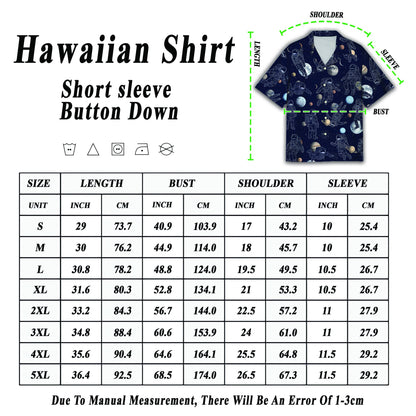 Close up view of the collar and buttons on the astronaut hawaiian shirt