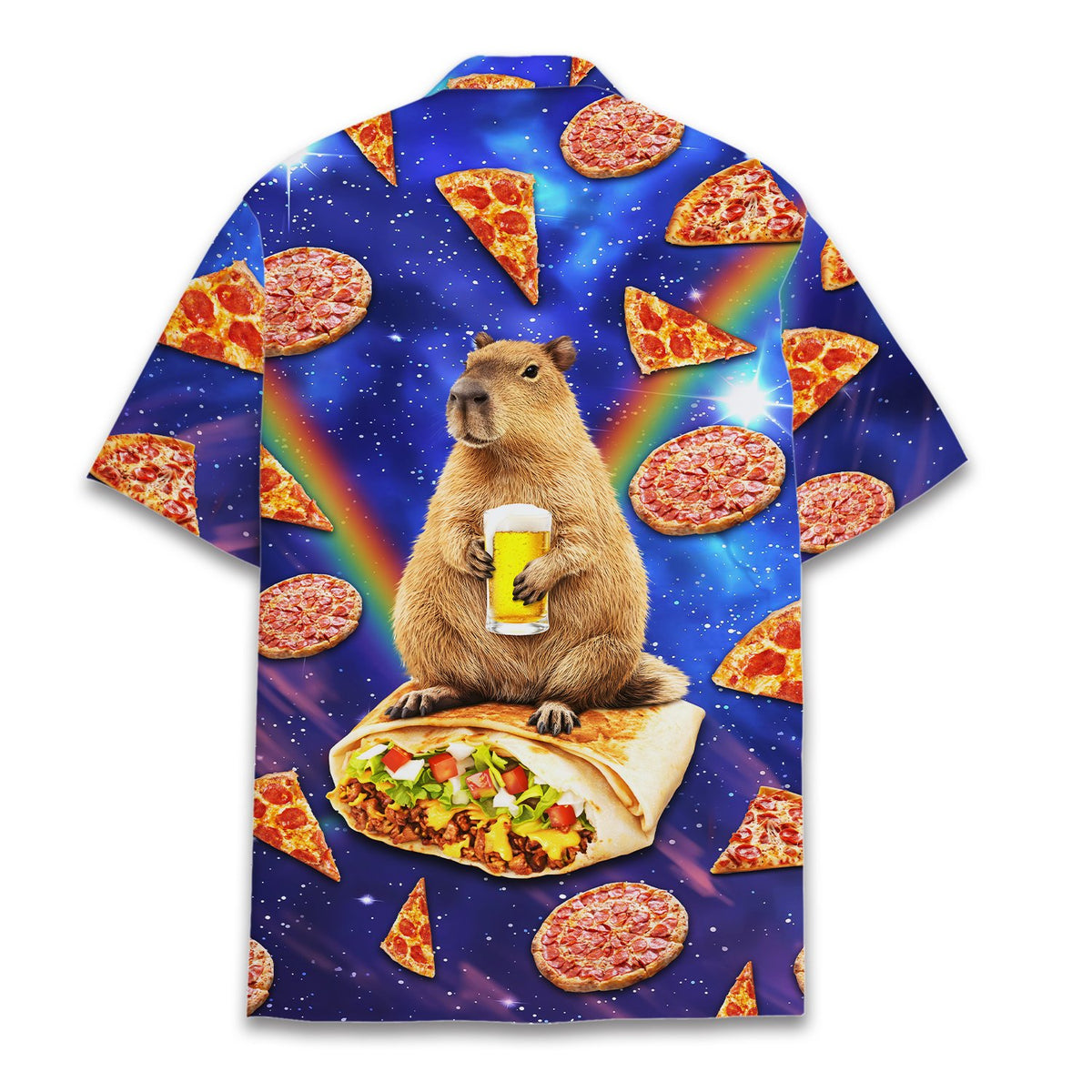 Back view of the space hawaiian shirt showing the continuous cosmic design