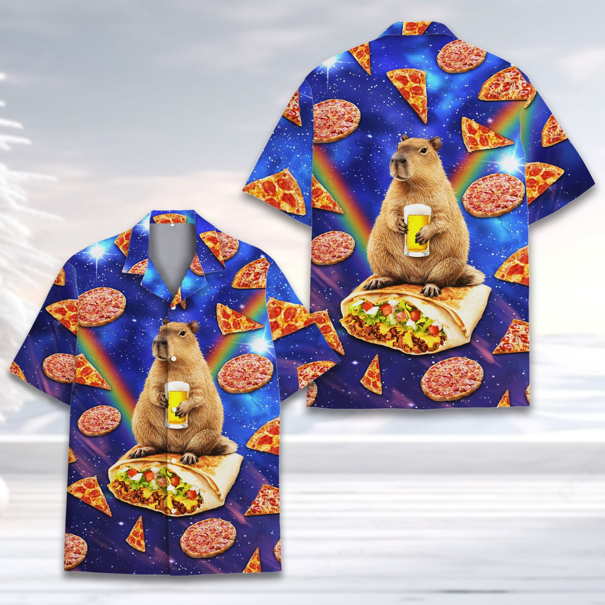 Detailed front view highlighting the capybara sitting on a burrito