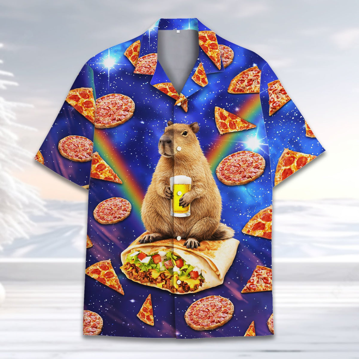 Close-up front view of the floating pizza slices and rainbow pattern