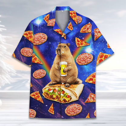 Close-up front view of the floating pizza slices and rainbow pattern