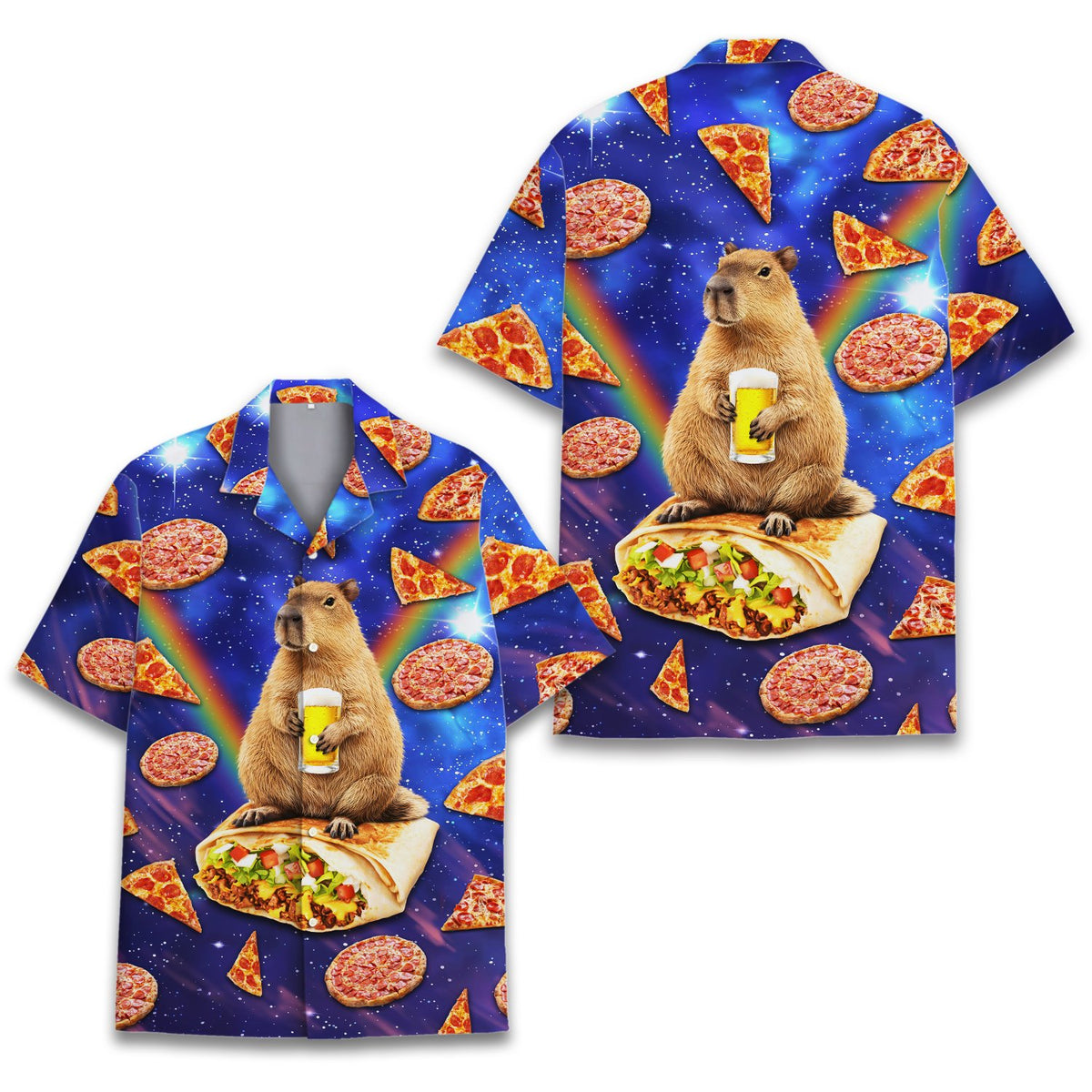 Front view of the navy blue space capybara and pizza hawaiian shirt