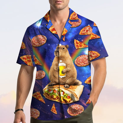 Lifestyle view of an adult wearing the matching family hawaiian shirts
