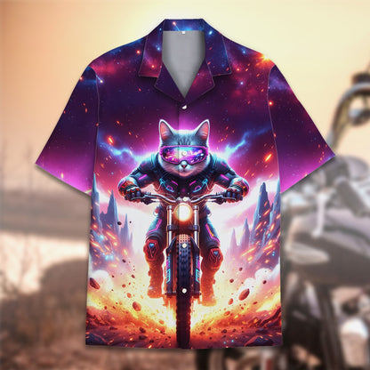 Front detail view of the matching family hawaiian shirt with an astronaut cat