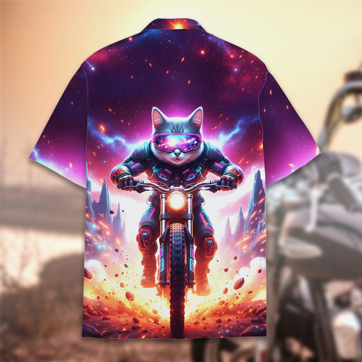 Additional front view of the purple and pink space cat shirt