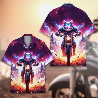Close up front view of the vibrant space cat hawaiian shirt