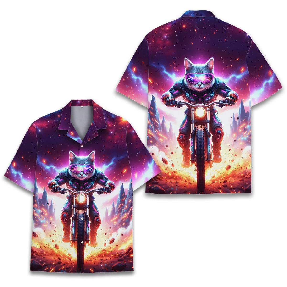 Matching family hawaiian shirts featuring a space cat on a dirt bike, main front view