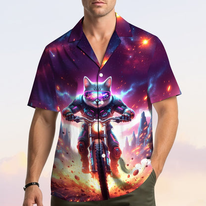 Second lifestyle image showing the space cat hawaiian shirt in action