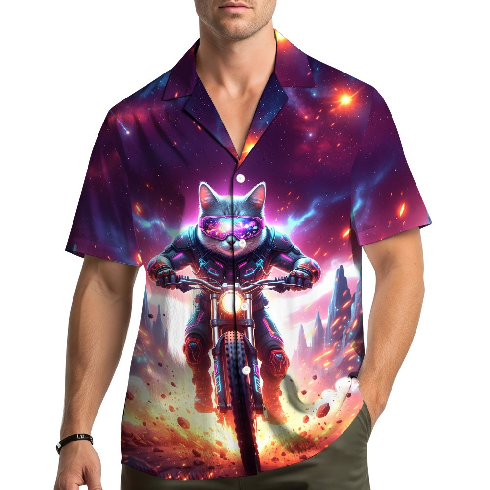 Lifestyle image of a person wearing the matching family hawaiian shirt with space cat