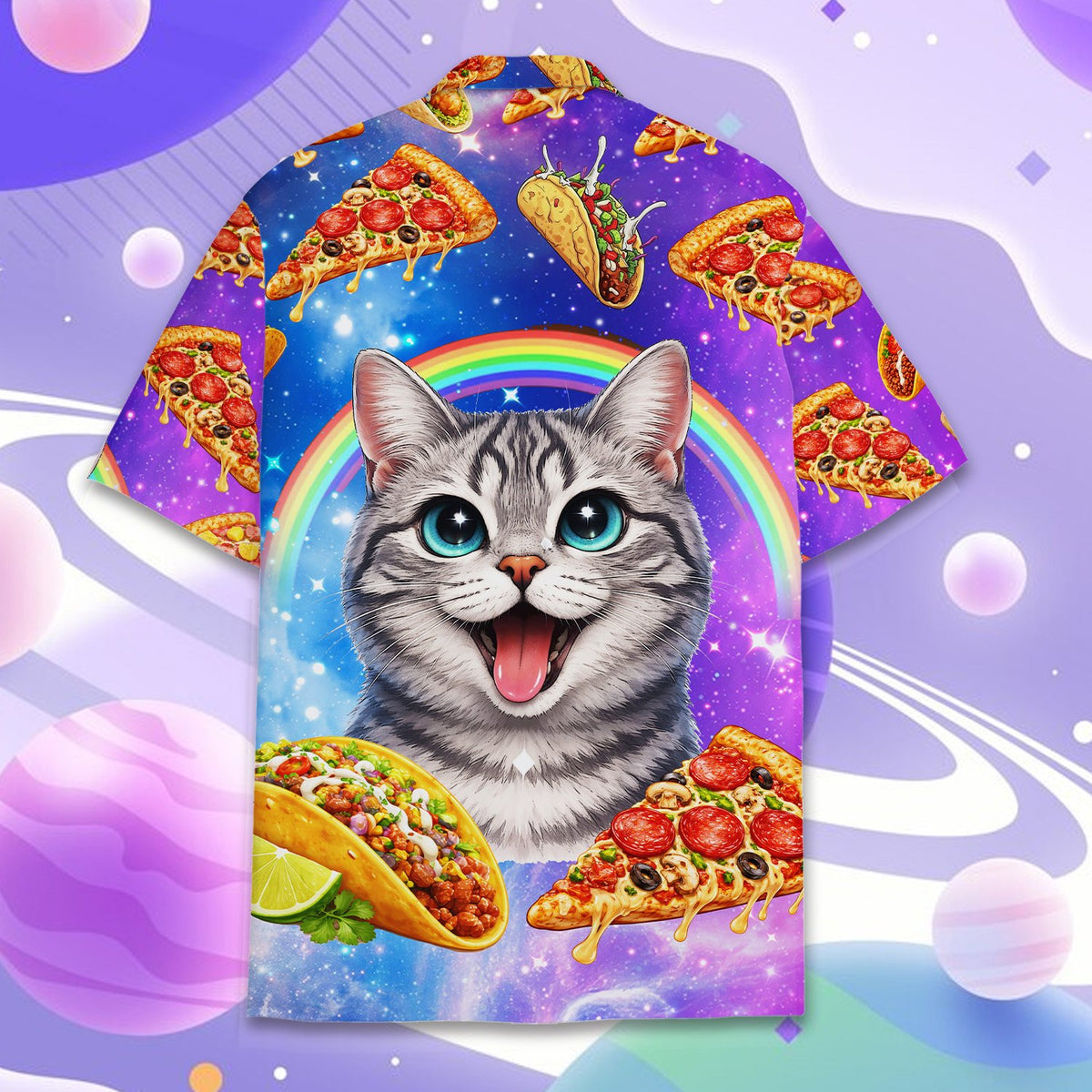 Back view of the space-themed matching family hawaiian shirt
