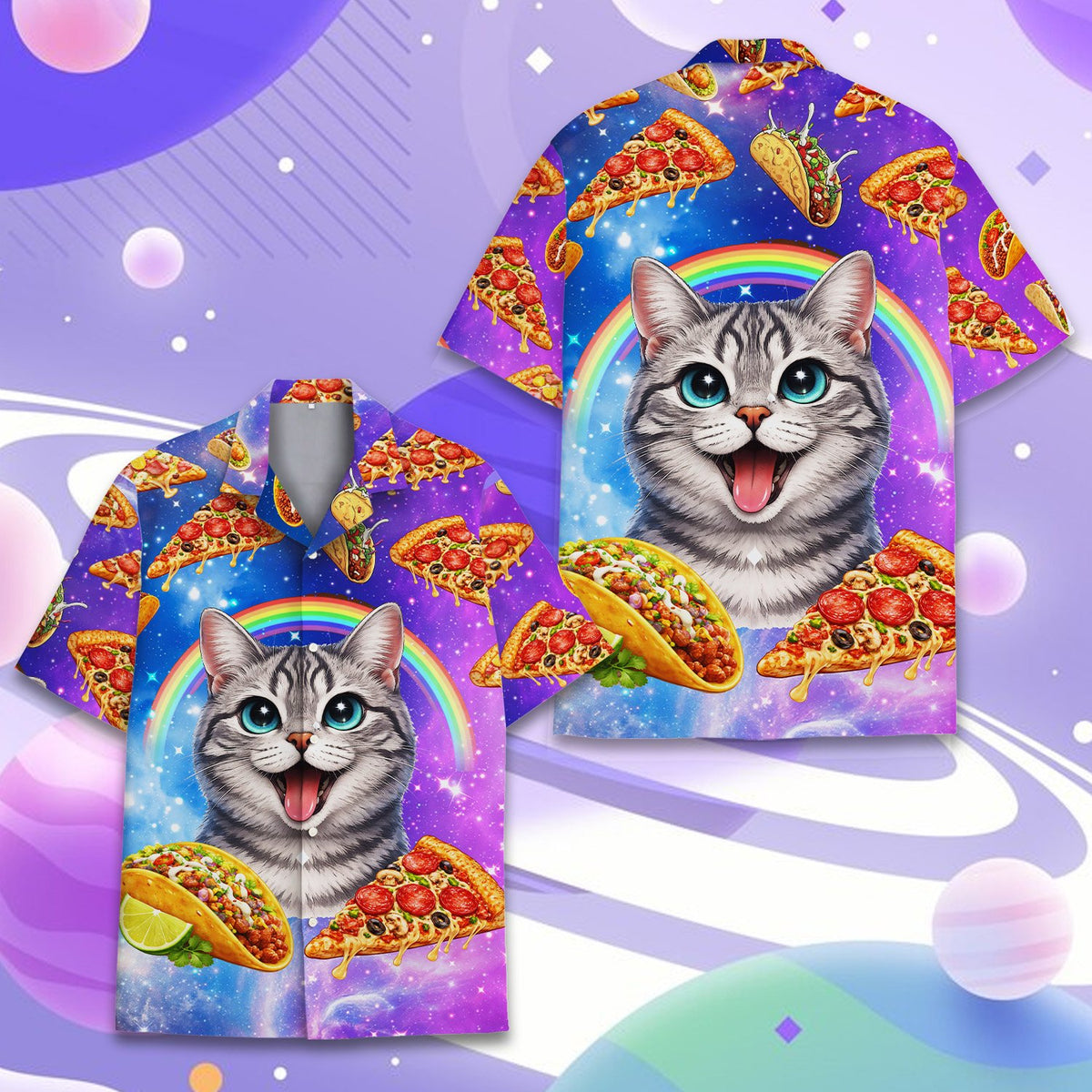 Detailed front view showing the colorful space print on the hawaiian shirt