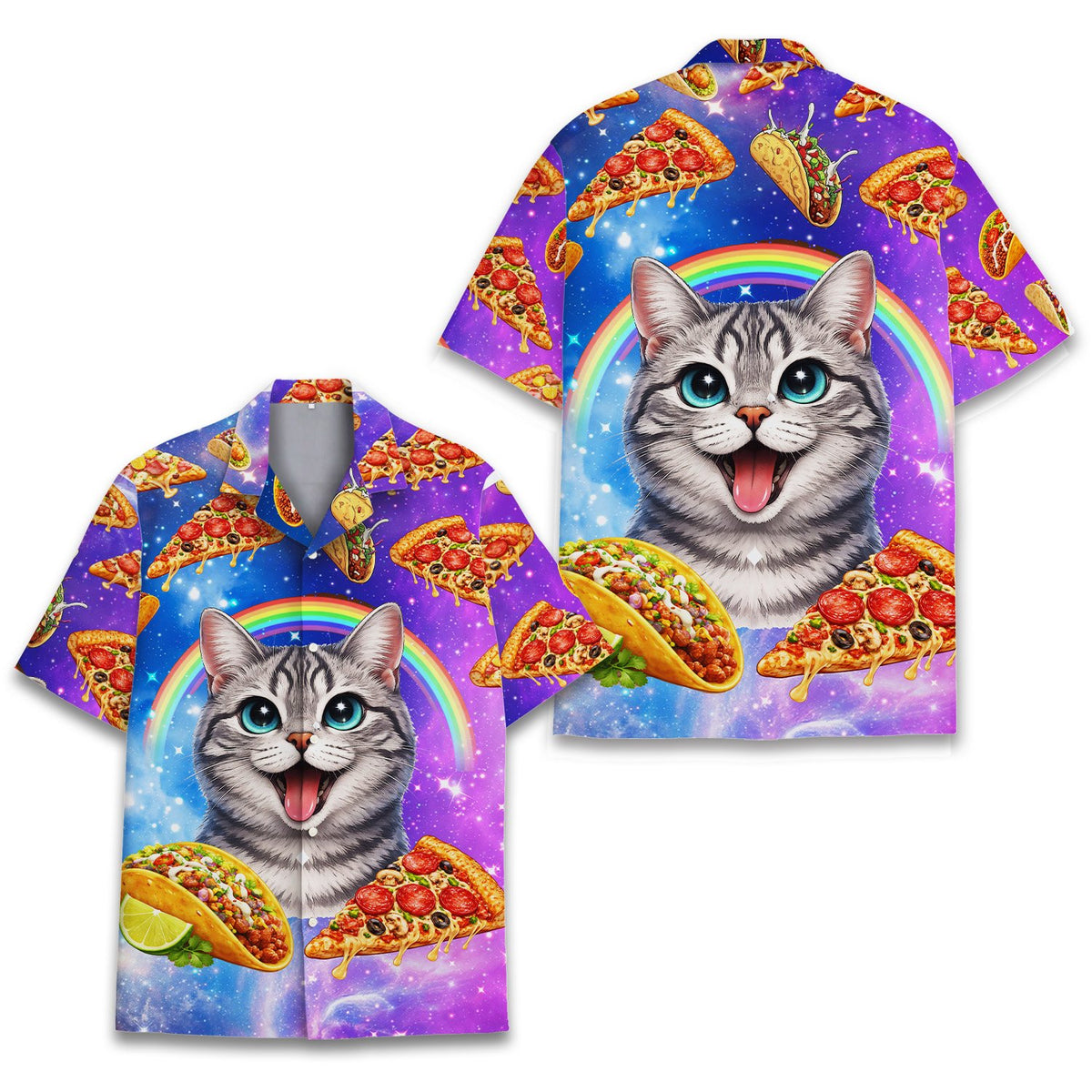 Another front view of the floating pizza and taco design on the hawaiian shirt