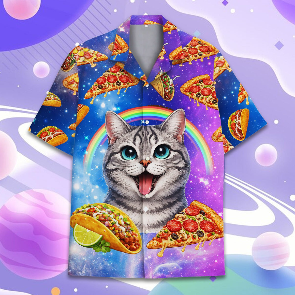 Matching family hawaiian shirts featuring a space galaxy background with pizza and tacos, main view