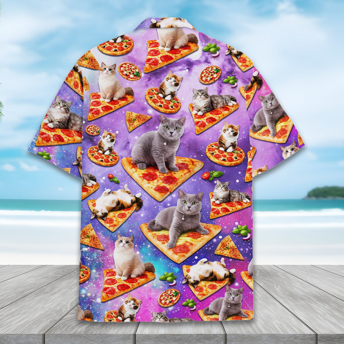Space cats and pizza hawaiian shirt, alternate back view