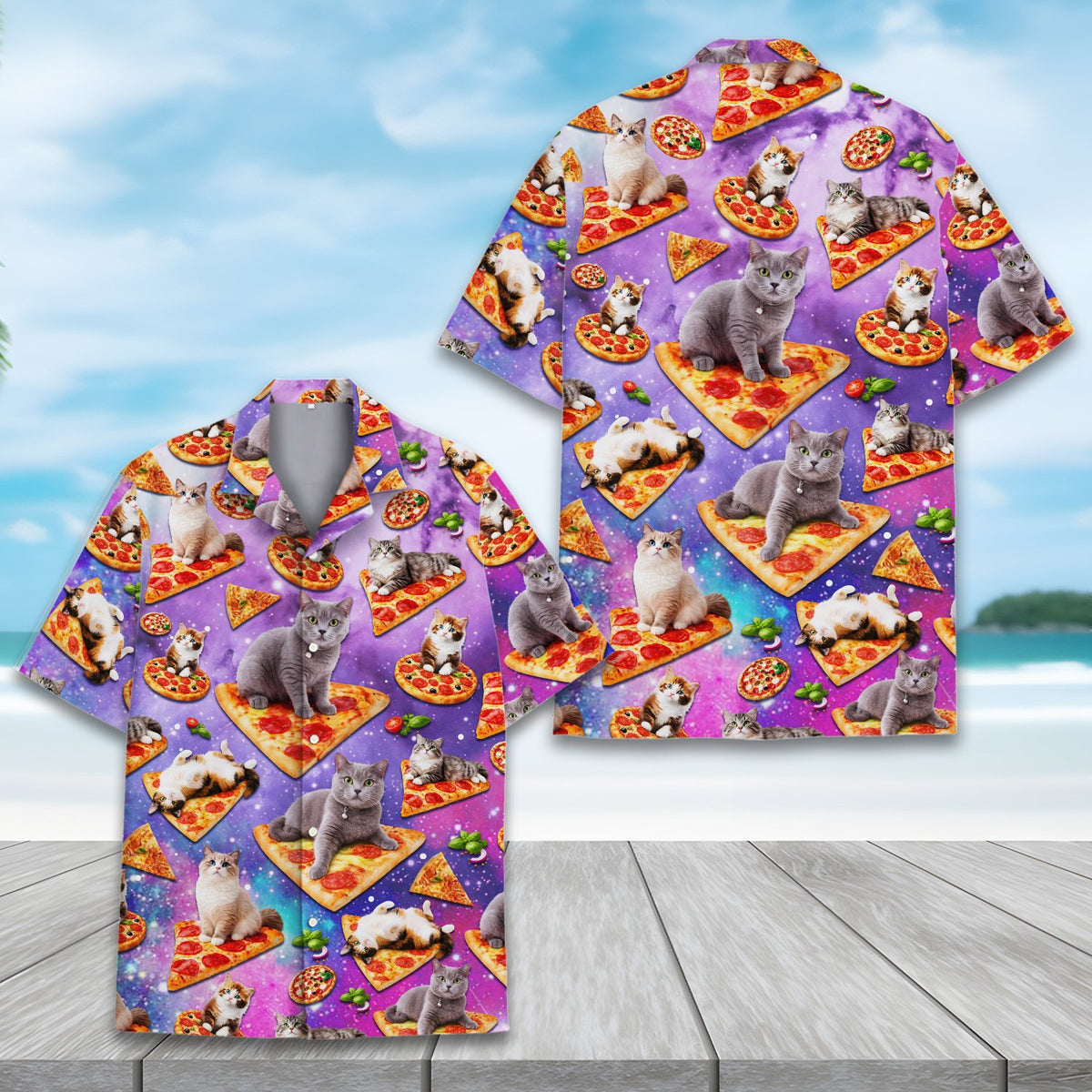Space cats and pizza hawaiian shirt, alternate front view 1