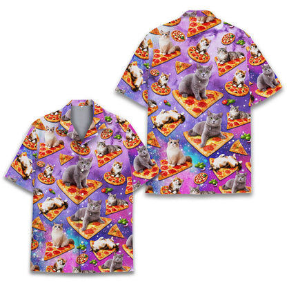 Space cats and pizza hawaiian shirt, front view