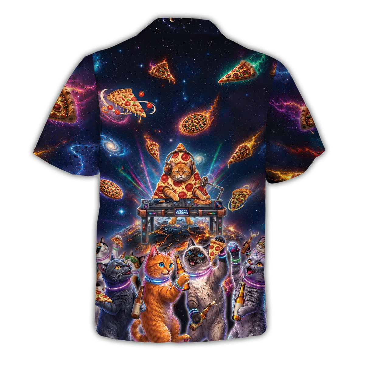 Space cats and pizza hawaiian shirt, back view