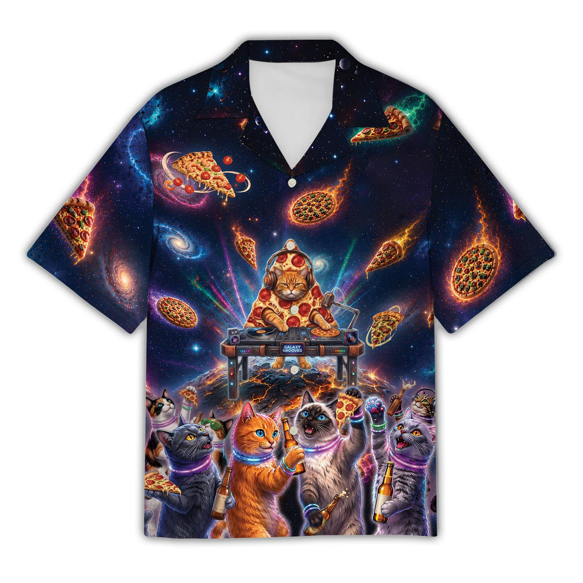 Space cats and pizza hawaiian shirt, front view