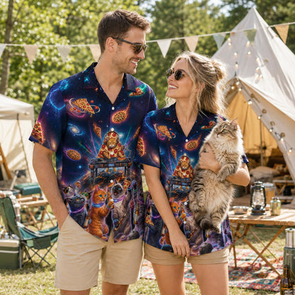 Lifestyle view of the space cats and pizza hawaiian shirt