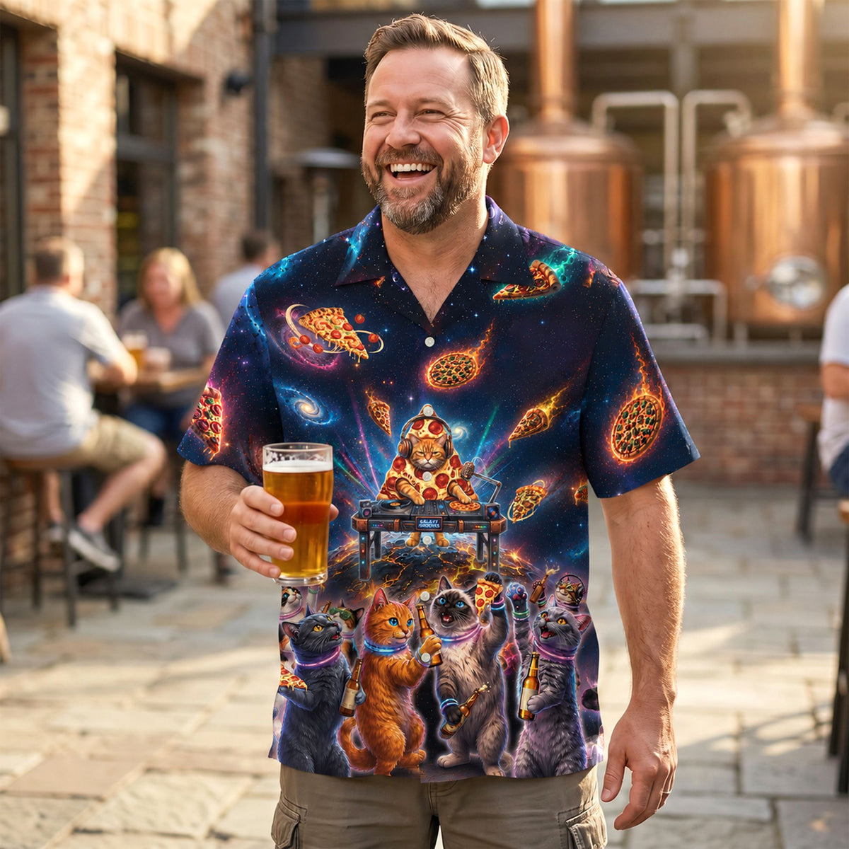 Lifestyle view 2 of the space cats and pizza hawaiian shirt