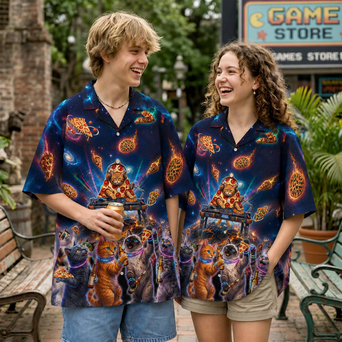 Lifestyle view 3 of the space cats and pizza hawaiian shirt