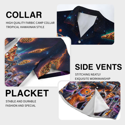 Detail view of the space cats and pizza hawaiian shirt