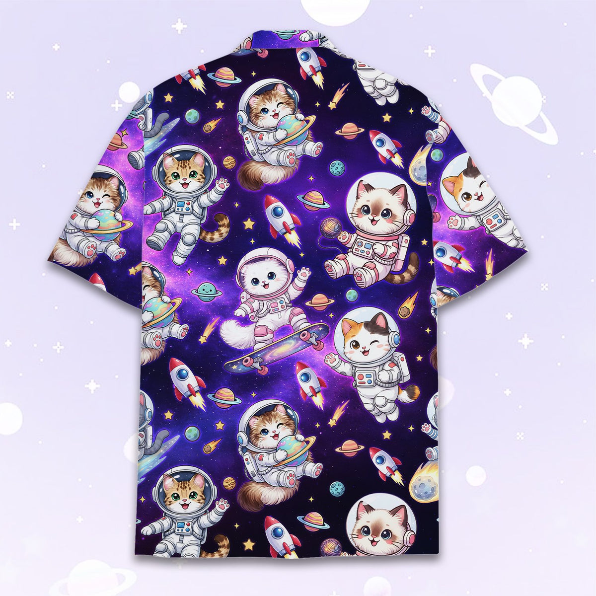 Second back view of the purple space galaxy matching family hawaiian shirt