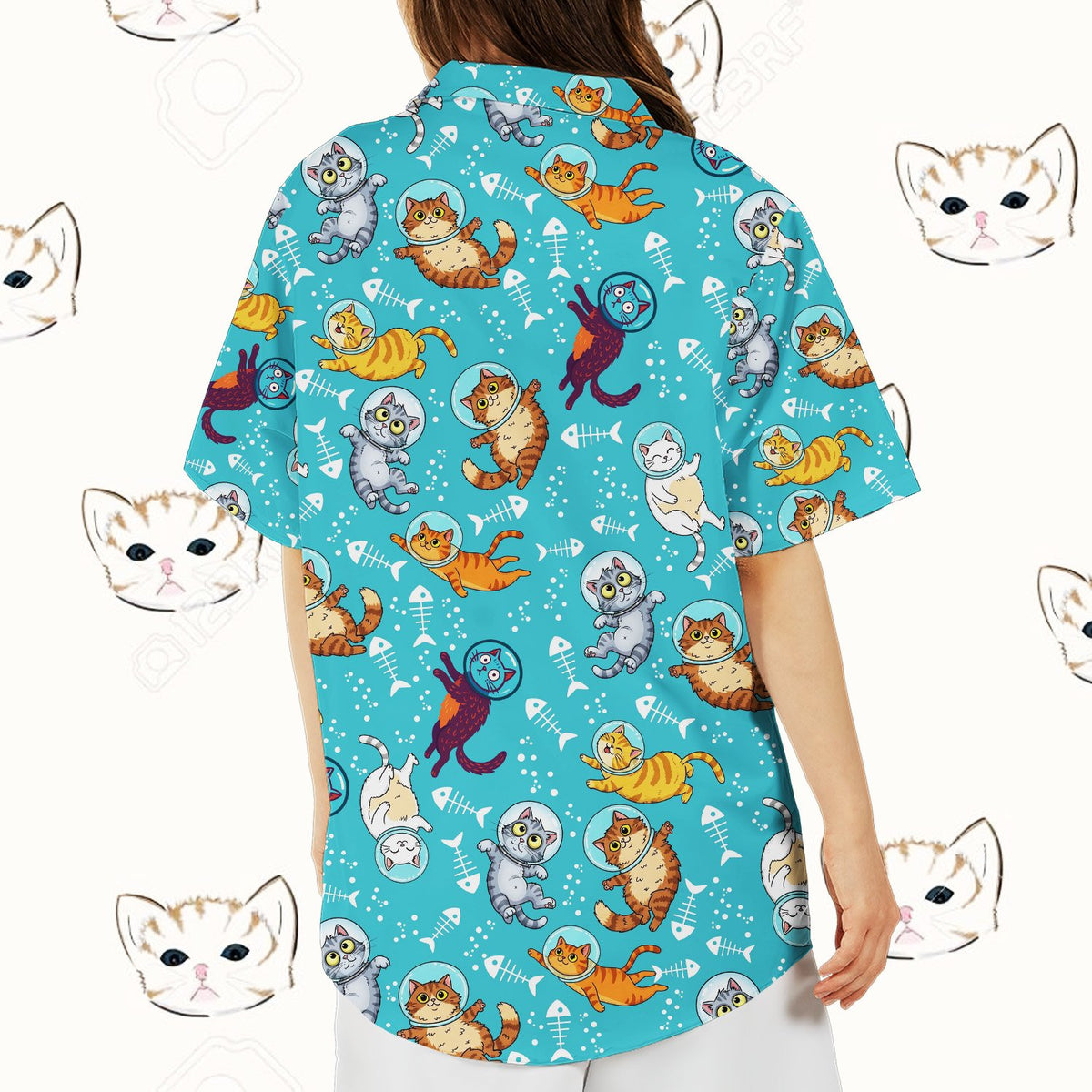 Light blue space hawaiian shirt with cartoon cats in helmets, alternate back view