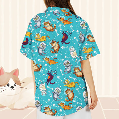 Light blue space hawaiian shirt with cartoon cats in helmets, back view