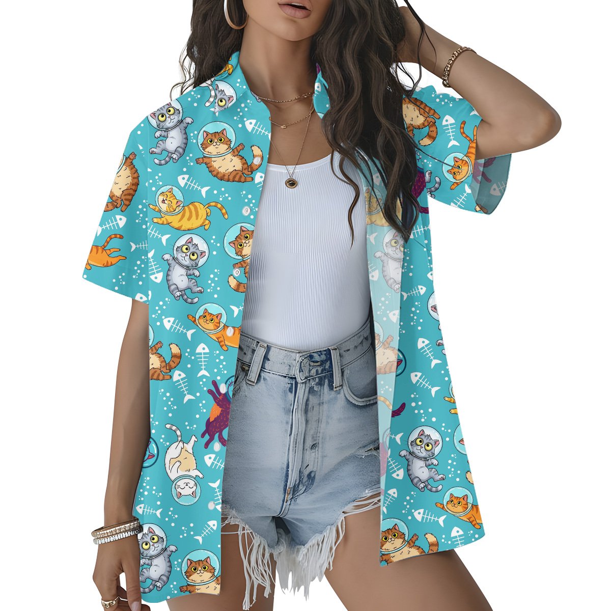 Light blue space hawaiian shirt with cartoon cats in helmets, front angled view
