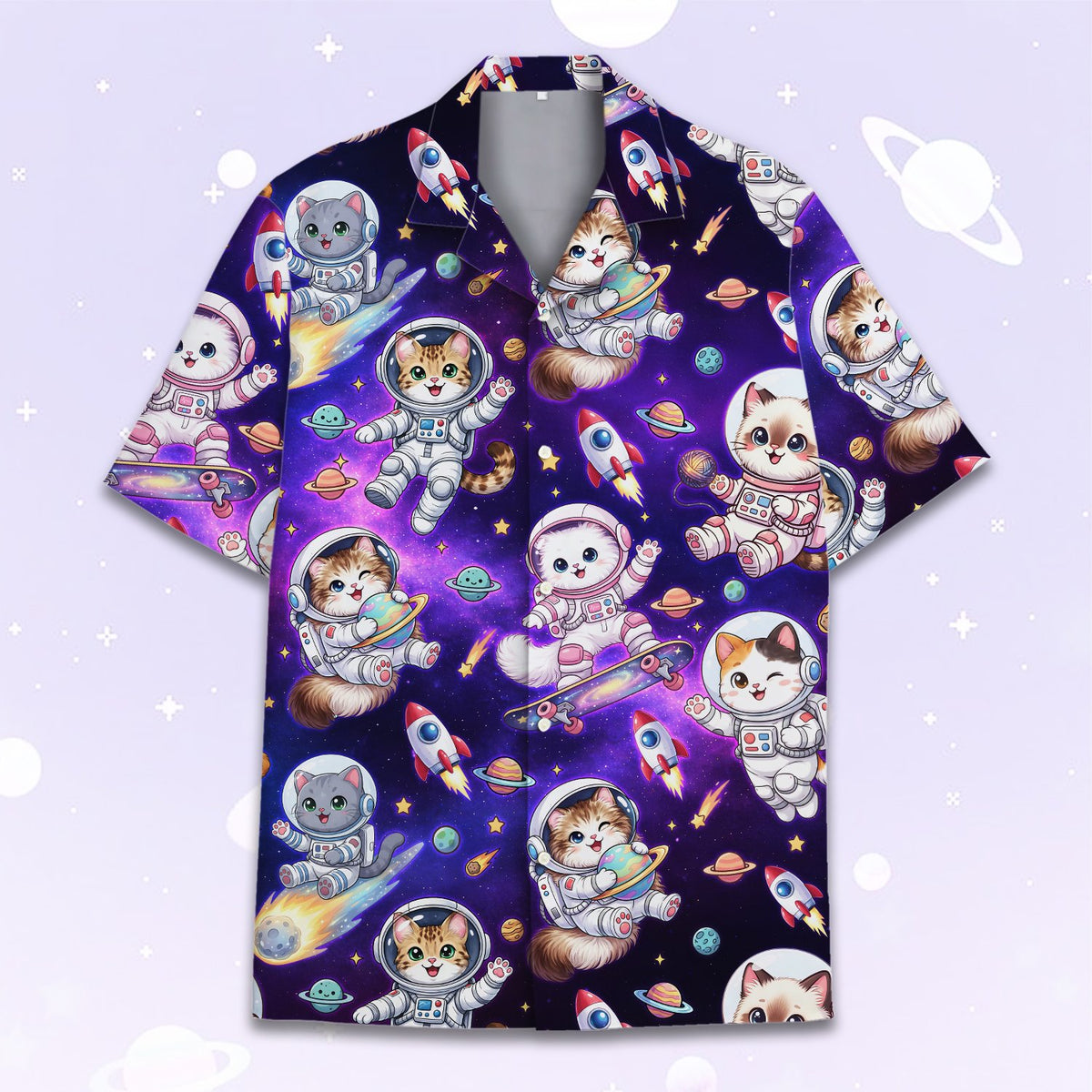 Purple space galaxy matching family hawaiian shirt with cartoon astronauts, front view
