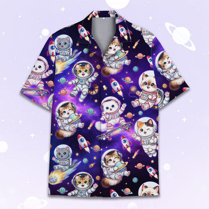 Purple space galaxy matching family hawaiian shirt with cartoon astronauts, front view