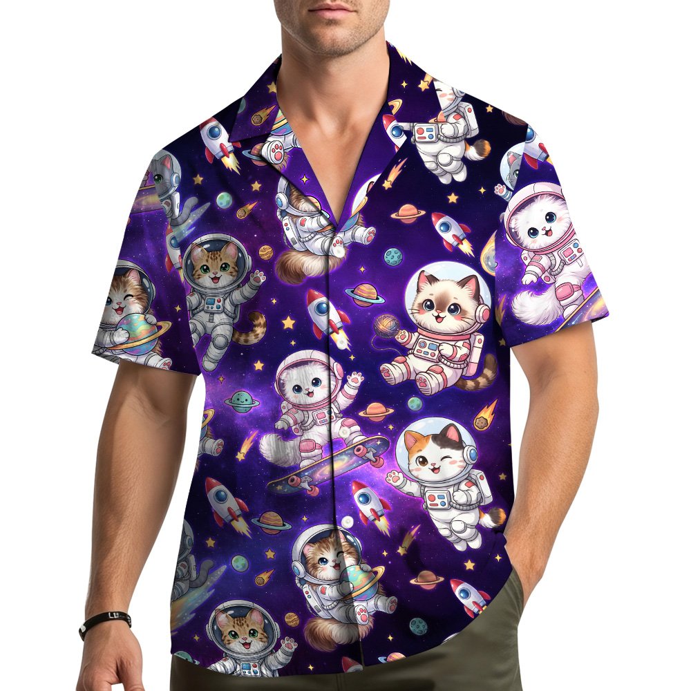 Lifestyle view of a person wearing the matching family hawaiian shirt with space theme