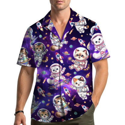 Lifestyle view of a person wearing the matching family hawaiian shirt with space theme