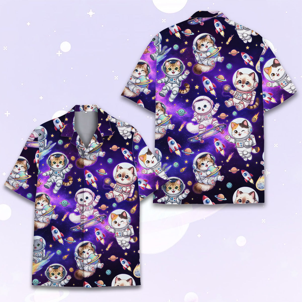 Additional detail view of the astronaut characters and planets on the hawaiian shirt