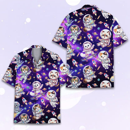Additional detail view of the astronaut characters and planets on the hawaiian shirt