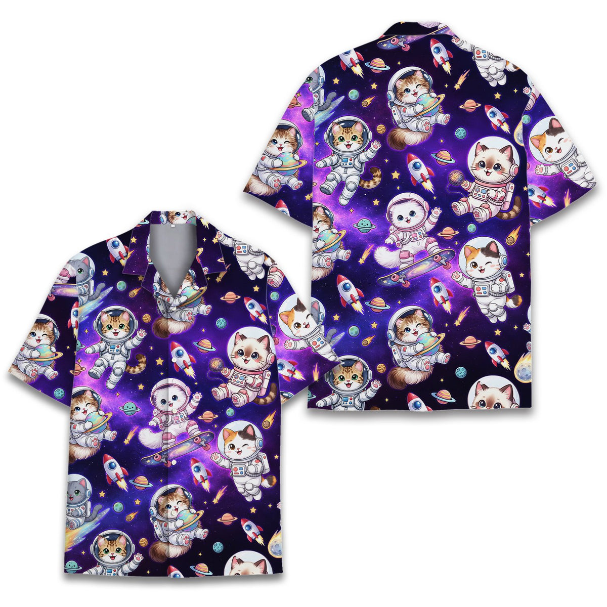 Close up detail view of the purple space galaxy pattern on the hawaiian shirt