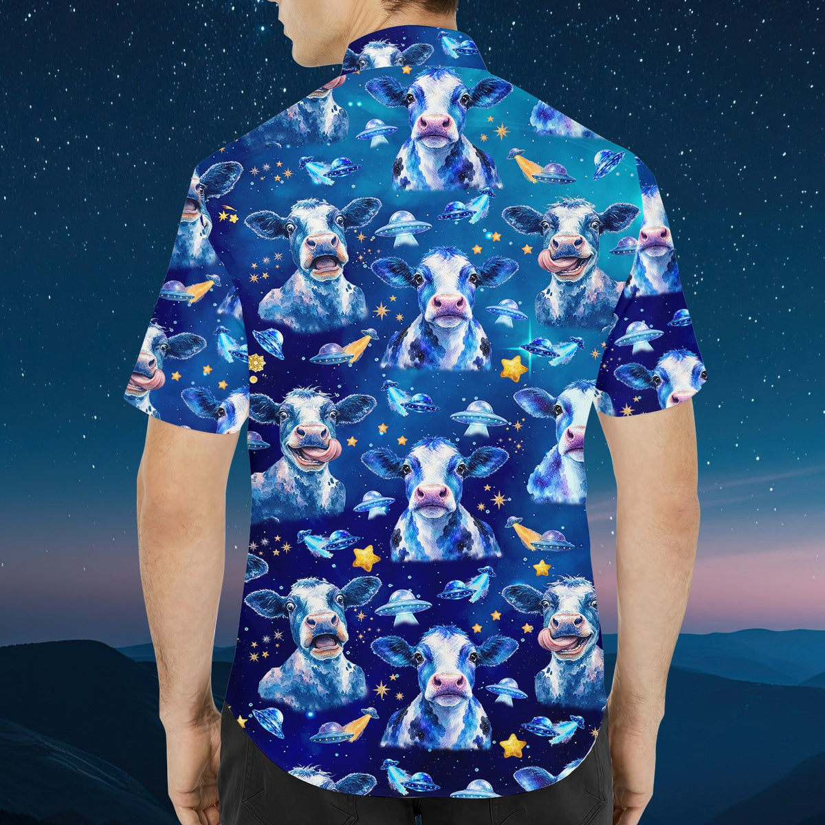 Detail back view showing the blue and purple cows