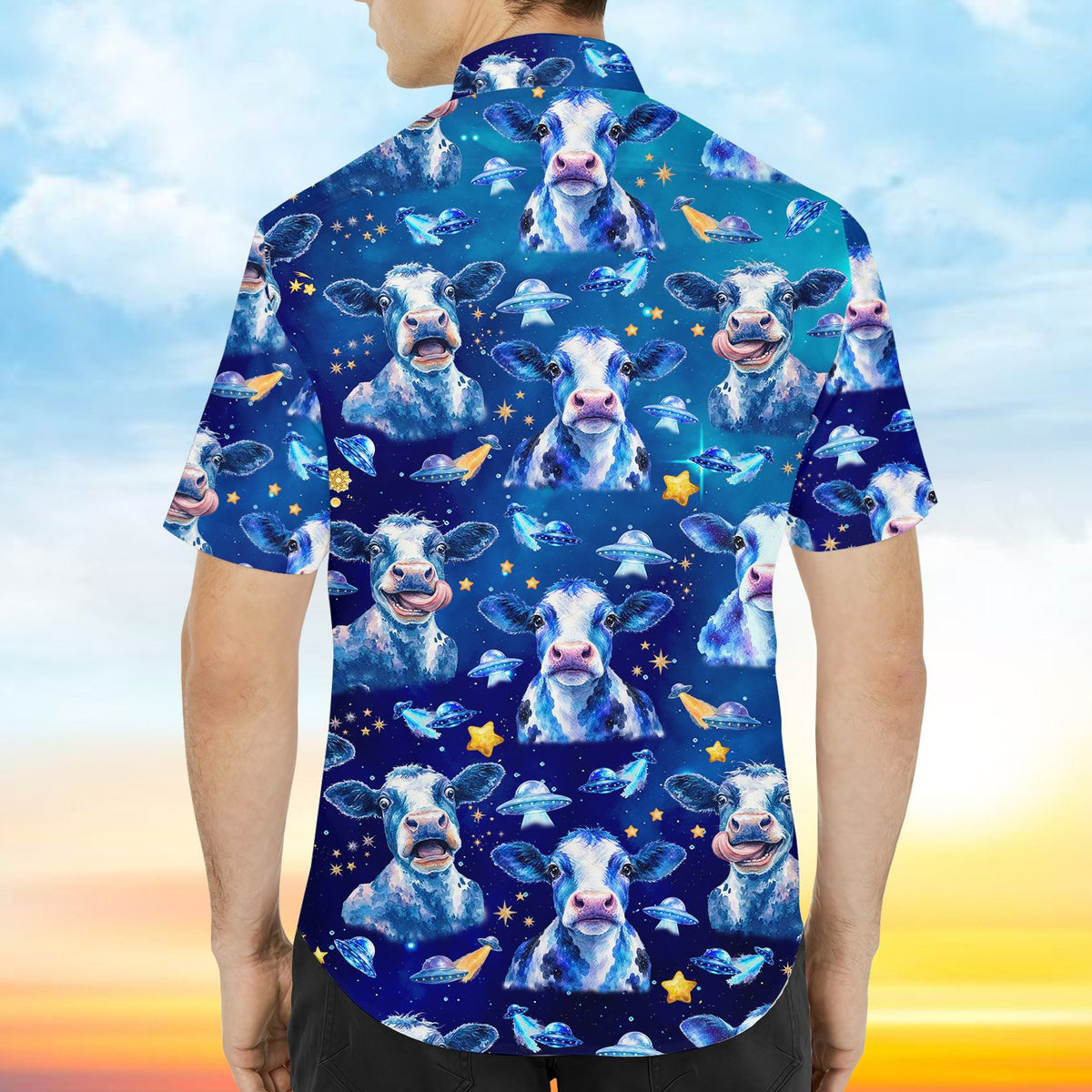 Final back view of the navy space hawaiian shirt