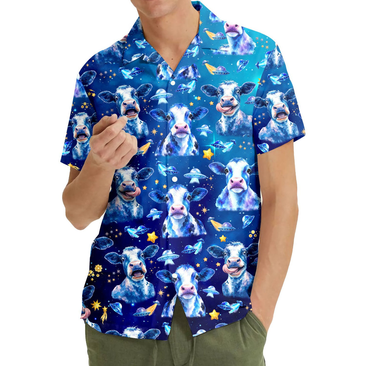 Another front view of the navy space hawaiian shirt