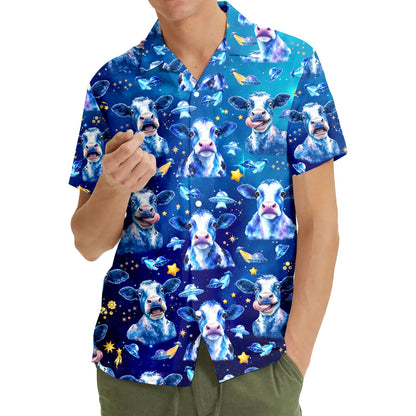 Another front view of the navy space hawaiian shirt