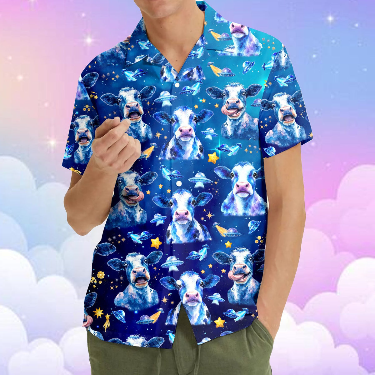 Close-up front view of the space cow hawaiian shirt collar